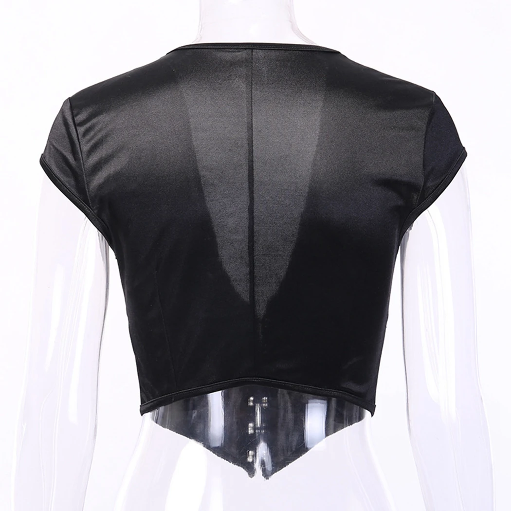 Ladies Retro Cropped Top Tunic Vintage Women Short Sleeve Hook Mini Blouse 2019 Summer Fashion Deep V Neck Black Shirts | Женская одежда