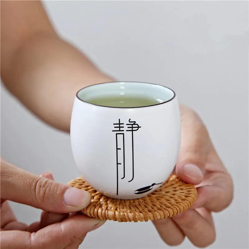 

PINNY Chinese Character Kung Fu Teacups Zen Ceramic Tea Cups Hand Made Kung Fu Tea Set White Porcelain Vintage Tea Bowl