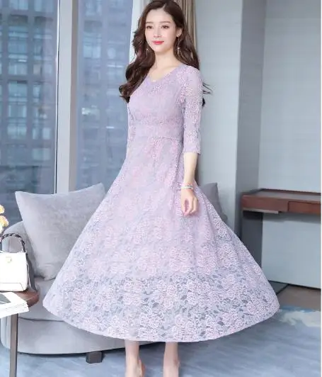 Casual Slim Women 2019 Elegant Hollow Out Lace Dress Vintage Long A-Line Party Dresses Female Plus Size LJ39 | Женская одежда