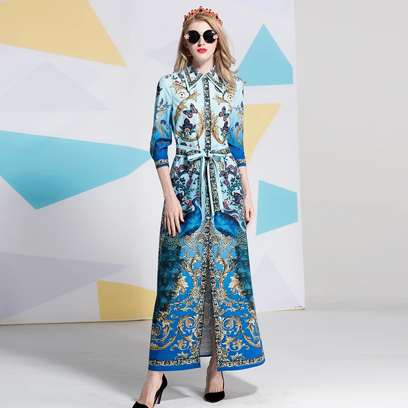 

Runway Summer Dress Women Three-quarter Sleeve Peacock Floral Print Long Vintage Robe Elegant Beach Boho Shirt Dress
