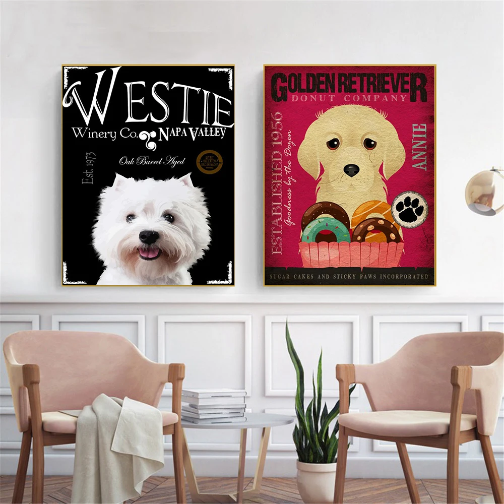 Wall Art с собакой в стиле ретро Westie Мопс Плакаты и принты настенные картины для