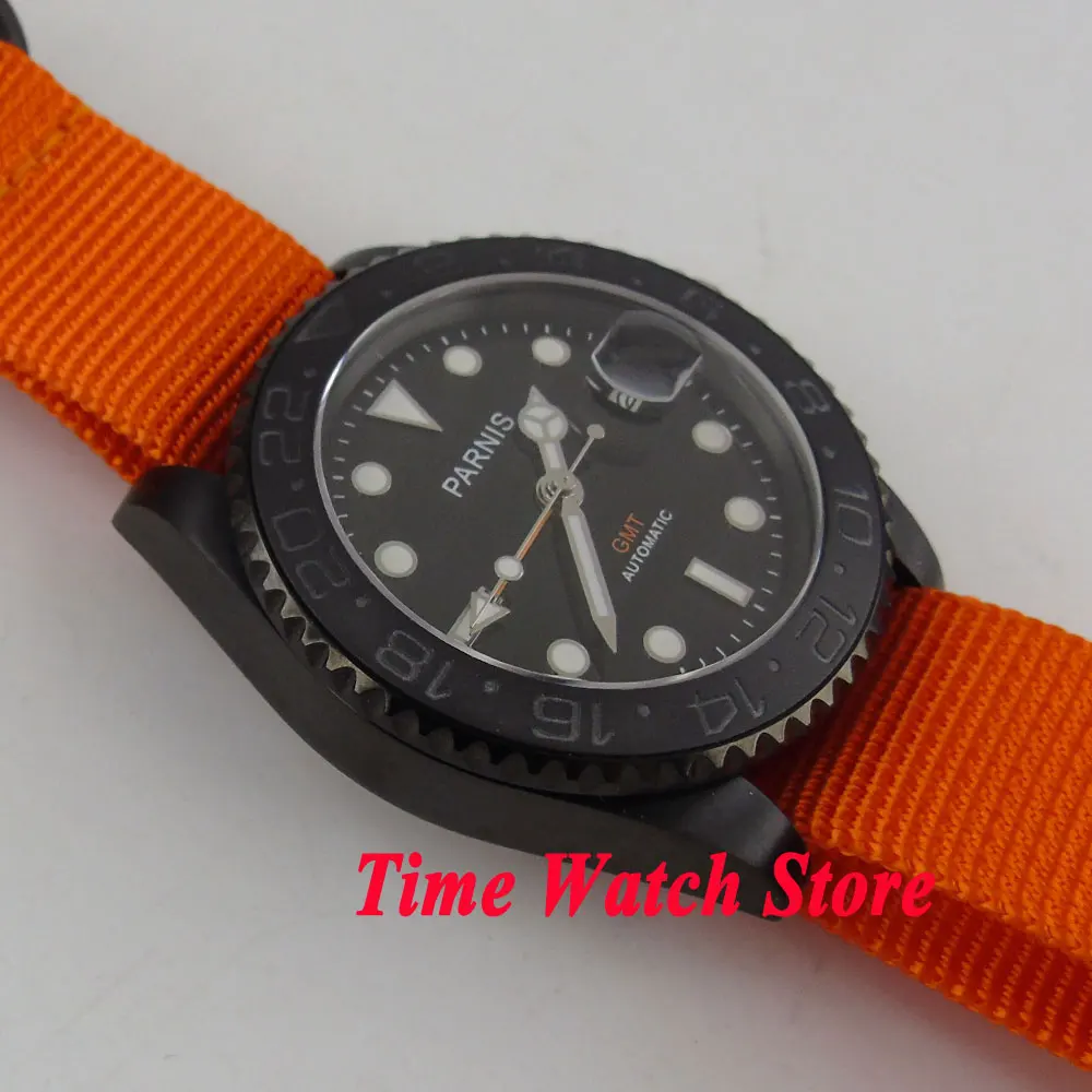 Parnis 40 мм GMT 3804 PVD чехол автоматические мужские часы с сапфировым стеклом черный циферблат светящийся керамический ободок красный нейлоновый ремешок 529