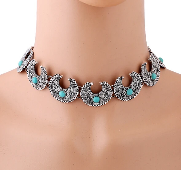 Ожерелье чокер с зеленым камнем в богемном стиле Луны винтажная резьба цветы