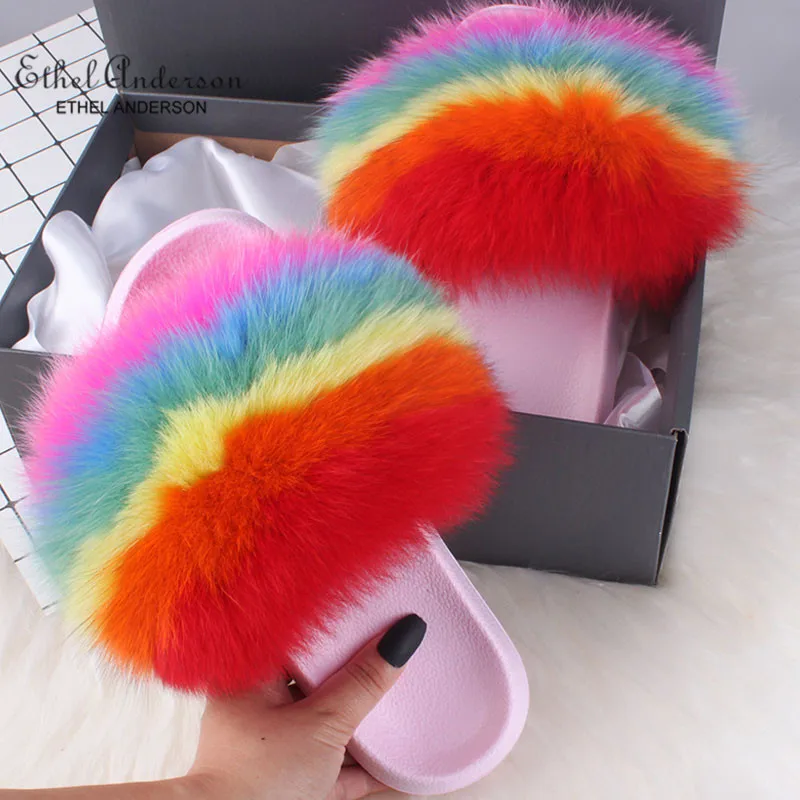 Rainbow(Pink) Летние женские тапочки с лисьим мехом; шлепанцы с натуральным лисьим мехом; модные меховые Вьетнамки; повседневные пляжные сандалии; Пушистый Плюшевый обувь - Цвет: Rainbow(Pink)