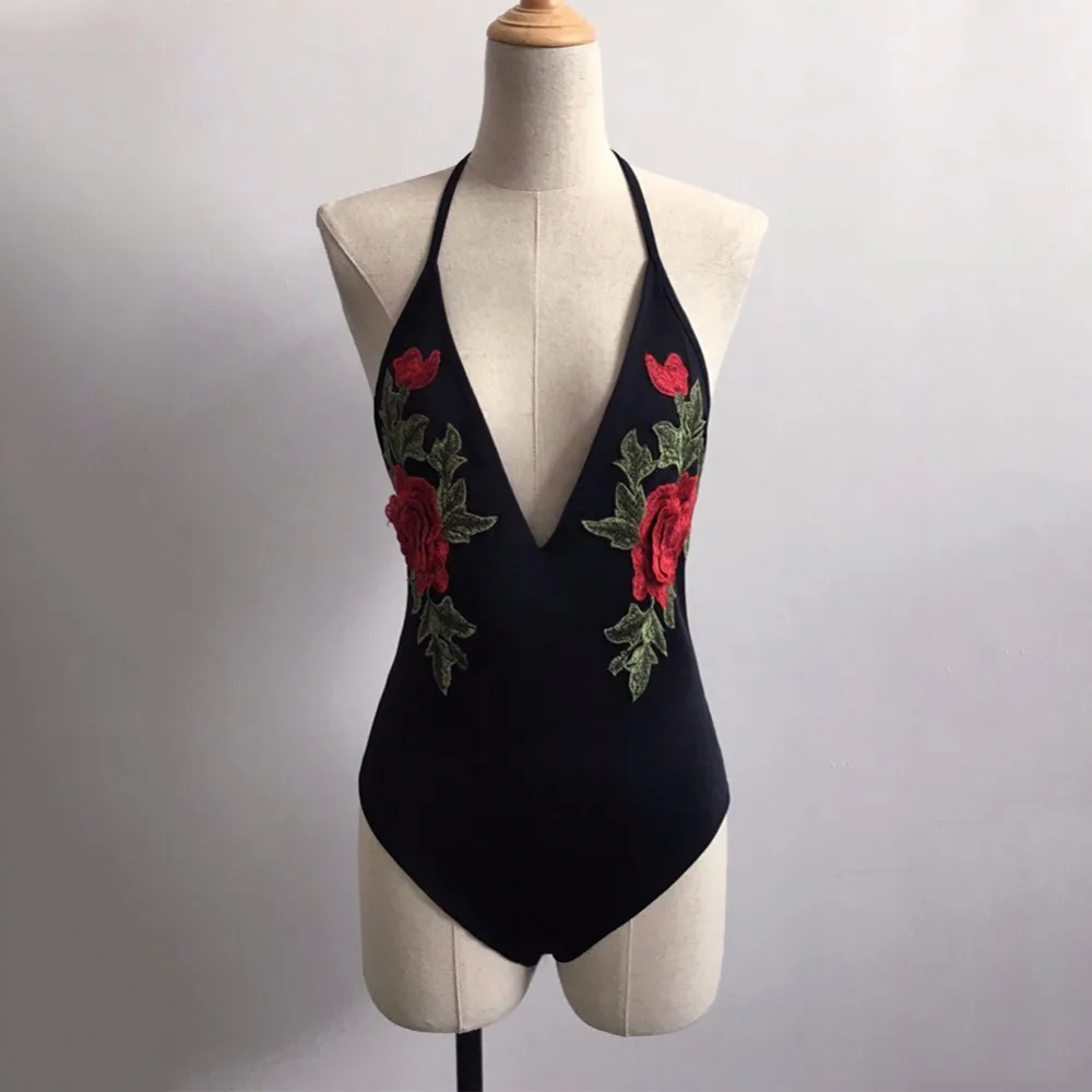 Женский сексуальный черный Боди Chesmono с низкой спинкой и цветочной вышивкой