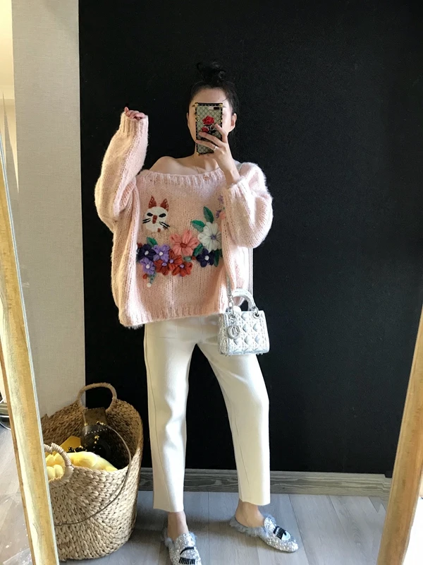 2020 Full Poncho Jumper Pullover Spring New Women's Sweater Garden For Cat Embroidery Mohair Heavy Work Leaking Shoulder Women | Женская