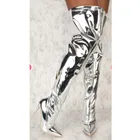 Женские сапоги выше колена, из искусственной кожи, с острым носком, на очень высоком каблуке, Зимняя Теплая обувь, размера плюс