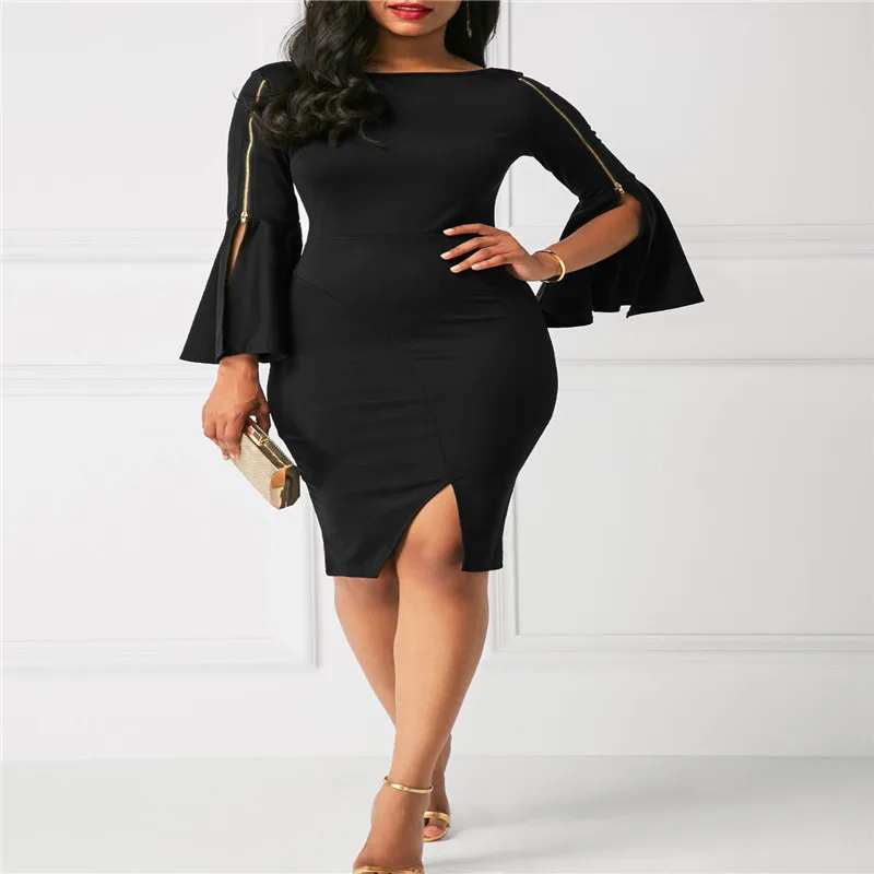 2017 модное женское облегающее платье-карандаш на молнии с расклешенными рукавами