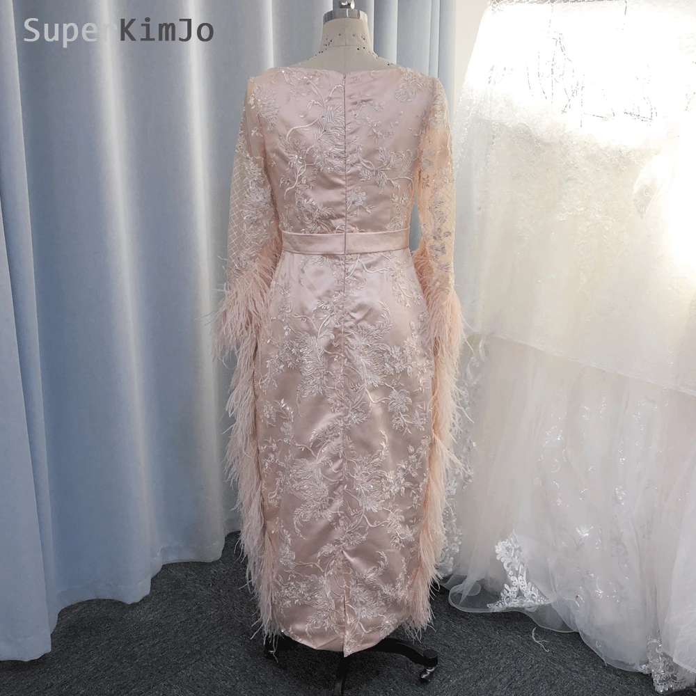 Вечерние платья SuperKimJo с перьями 2020 длинным рукавом Персиковое кружевное платье