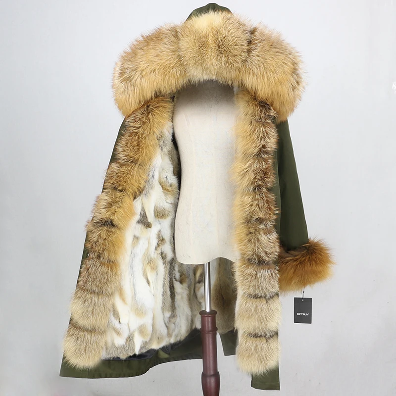green gold OFTBUY Водонепроницаемая парка X-long натуральное меховое пальто зимняя куртка женская натуральный Лисий мех воротник капюшон Подкладка из натурального кроличьего меха уличная одежда - Цвет: green gold