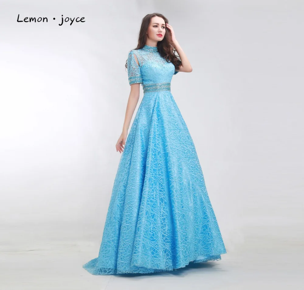 Синие Выпускные платья 2020 с коротким рукавом иллюзия трапециевидные вечерние