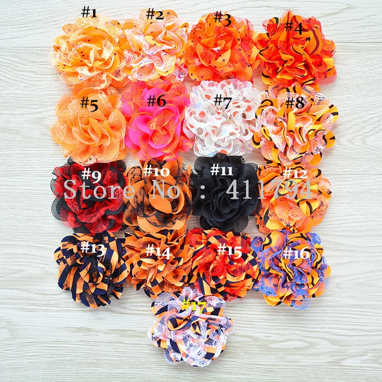 

150 pcs / lots 3 .75 lace chiffon halloween , shabby flowers for hair accessories 17 colors