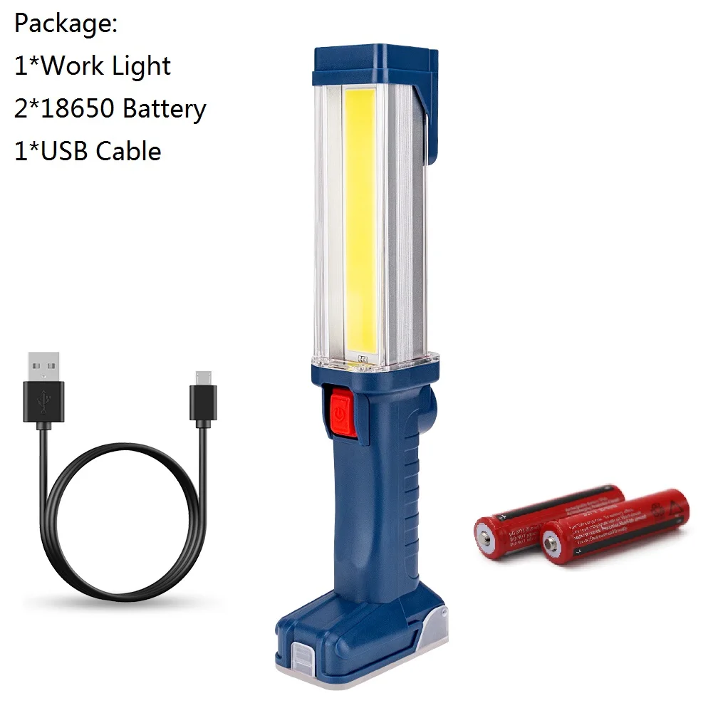 With Battery USB Перезаряжаемый 18650 светильник-вспышка 2 режима COB светодиодный магнитный рабочий светильник поворотный крючок Автомобильный ремонтный рабочий светильник внешний аккумулятор фонарь - Испускаемый цвет: With Battery