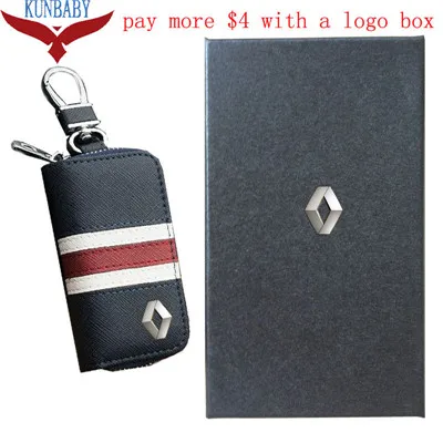Blue with logo box KUNBABY, топ для мужчин/женщин, новая модная сумка для ключей от машины, брелок, чехол, держатель из воловьей кожи, кошелек для ключей для Renault - Название цвета: Blue with logo box
