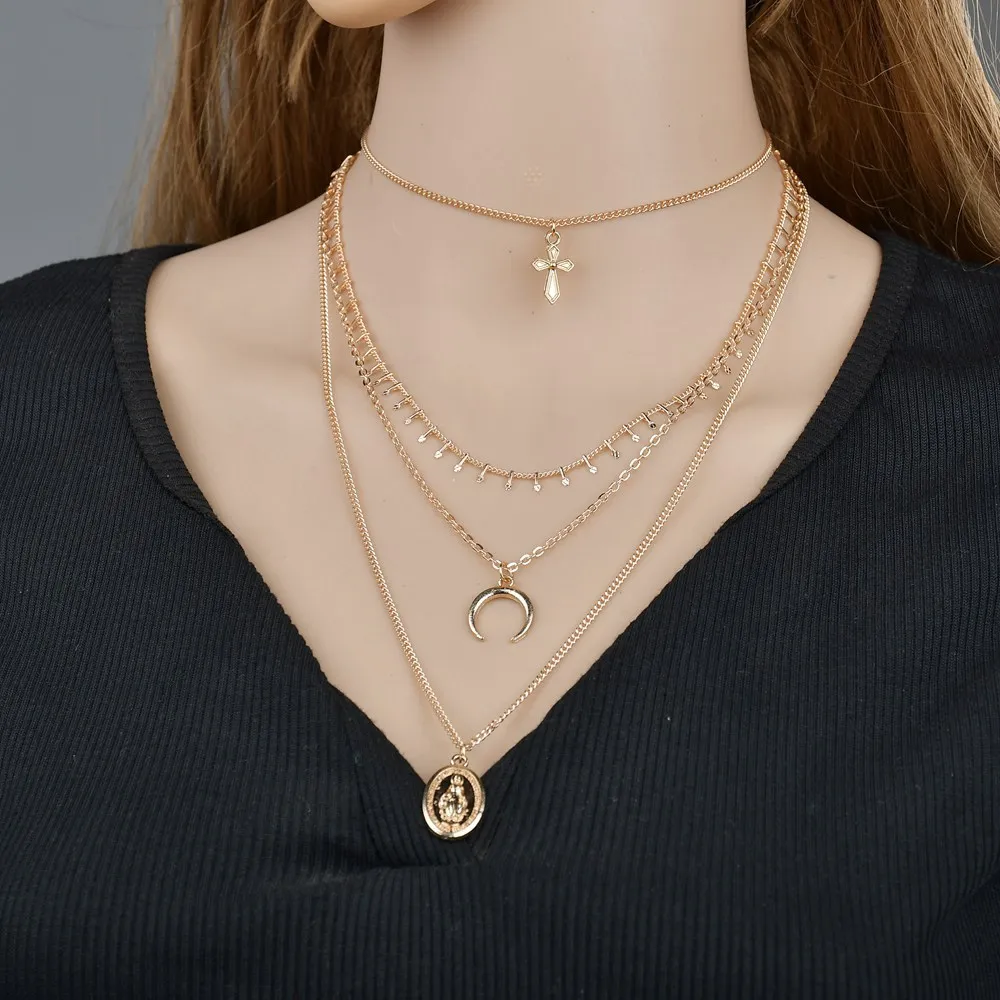 2019 NEW gold color sexy clavicle chain 4 layers tassel Moon Cross Jesus pendant statement Chokers Necklace women | Украшения и