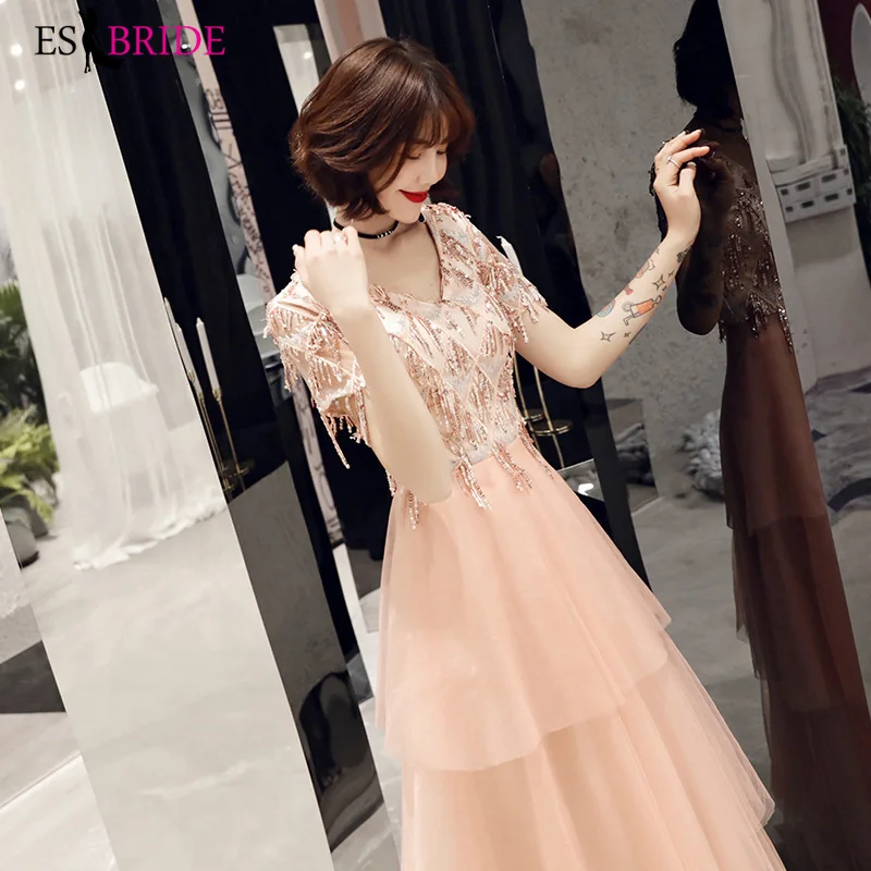Розовое повседневное офисное вечернее платье Vestidos De Fiesta De Noche, длинное сексуальное вечернее платье с v-образным вырезом ES2481