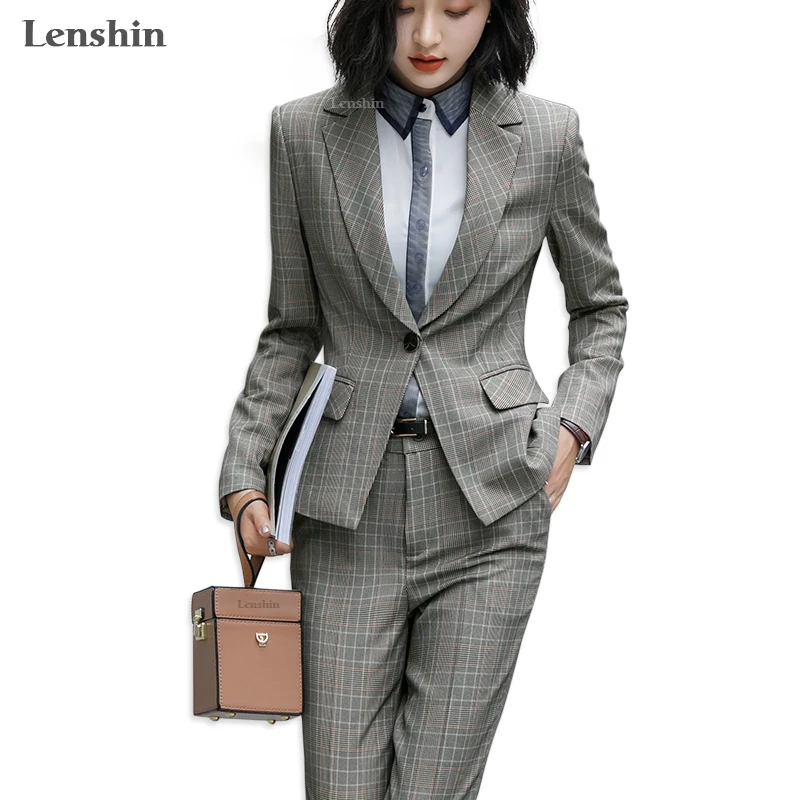 Lenshin 2 Piece Set Formal Plaid  Pant Suit One Button Blazer Office Lady Uniform Design Women Business Jacket Pant Work Wear