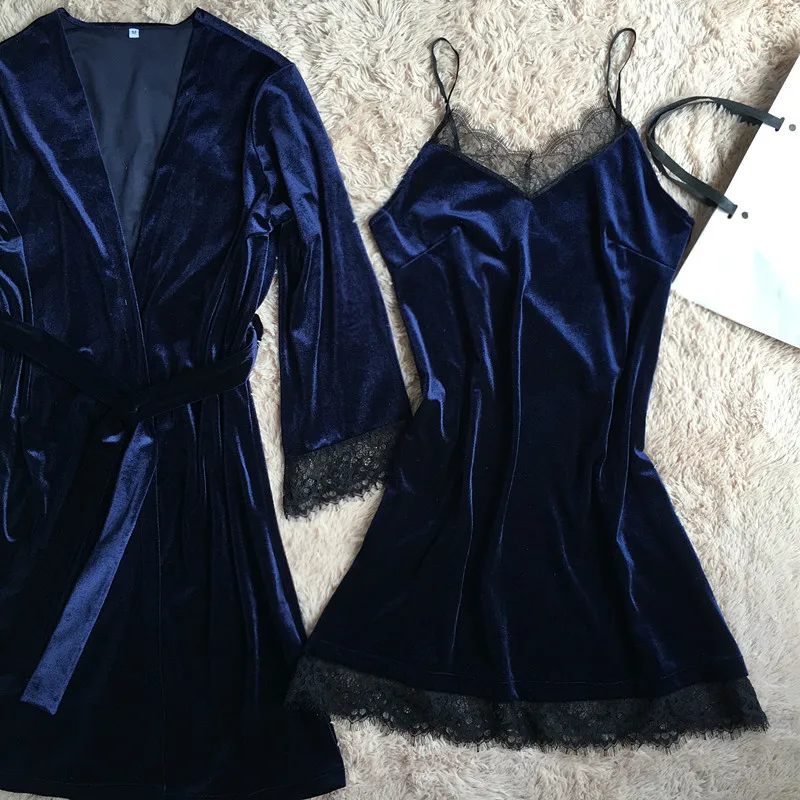 DIDUQIPAO бархатный женский зимний комплект из двух предметов халат и платье Роскошные кружевные сексуальные женские ночные рубашки с v-образным вырезом+ халат домашняя одежда
