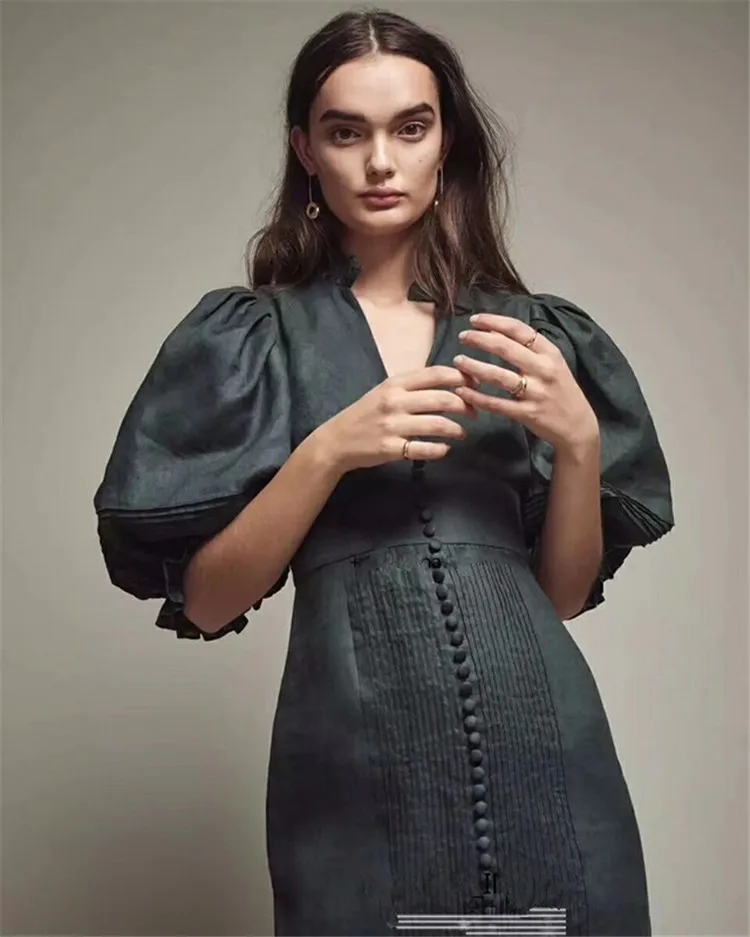 Tang Новое поступление 2019 Лето ретро повязка платье с пышными рукавами глубокий v