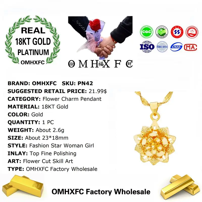 OMHXFC Wholesale European Fashion Woman Girl Party Birthday Wedding Gift Vintage Rose Flower 18KT Real Gold Charm Pendant PN42 |