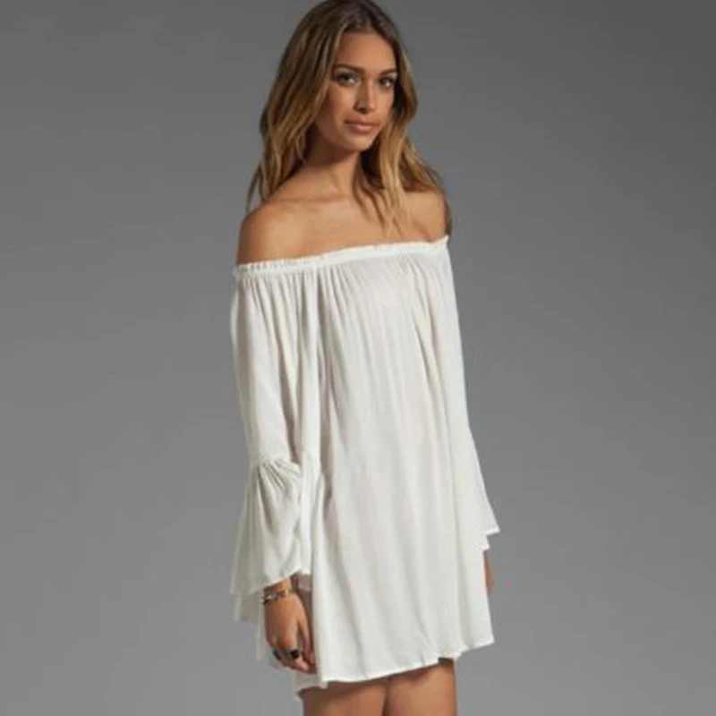 Ilishop женщин с открытыми плечами белое платье 2017 оборками Бабочка рукавом Slash шеи