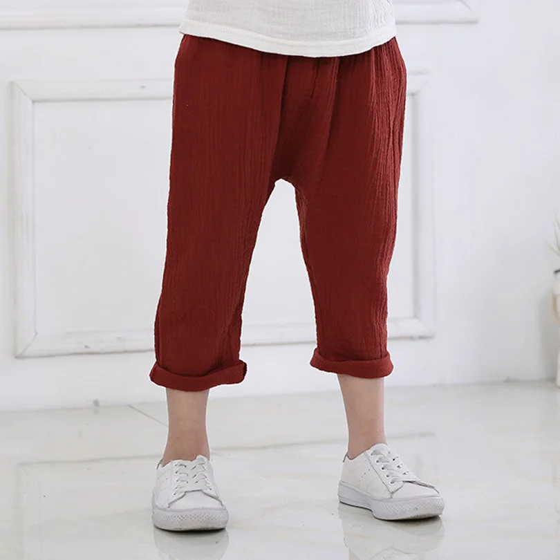 Детские плиссированные брюки до колен однотонные льняные штаны для маленьких