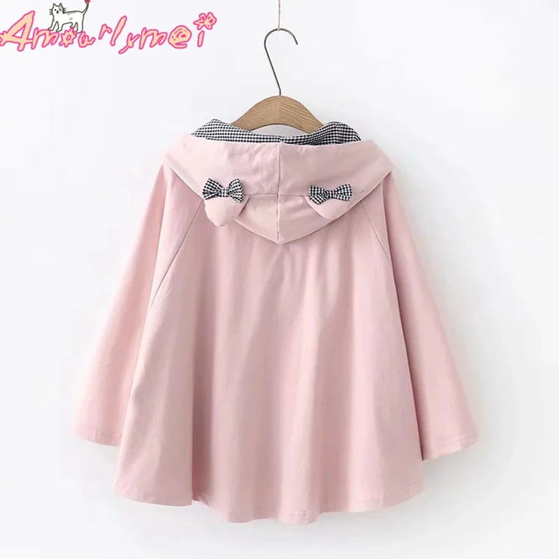 Осенняя Женская куртка в японском стиле Mori Girl Kawaii с вышитым котом, свободная накидка с рукавами летучая мышь, пальто с капюшоном, женская верхняя одежда
