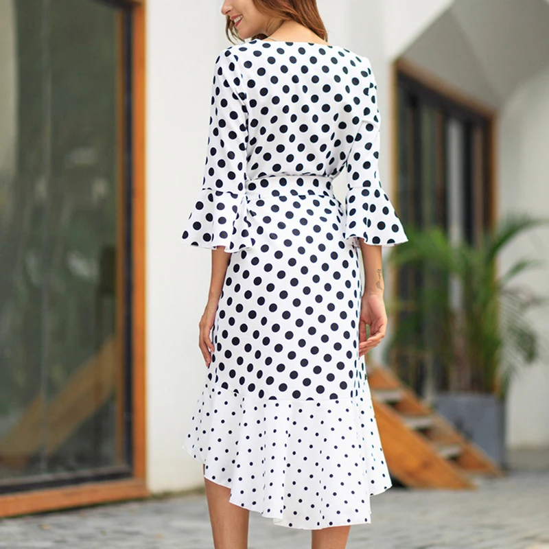 Новинка 2019 весеннее платье с длинными рукавами в горошек принтом ретро женское