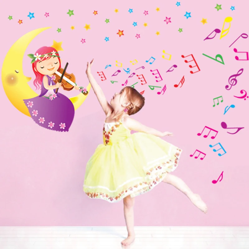 Cartoon Violin Girl Moon Boat Music Notes Wall Sticker For Kids Room Decal Child Background Stickers DIY Art Poster | Дом и сад