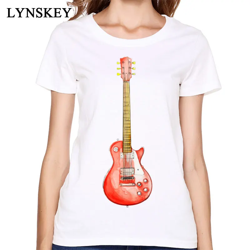 

Art Design T-shirt Women Cotton Tops & Tees Short Sleeve Summer Fall Round Collar Watercolor Guitar Sketch Printed Clothing