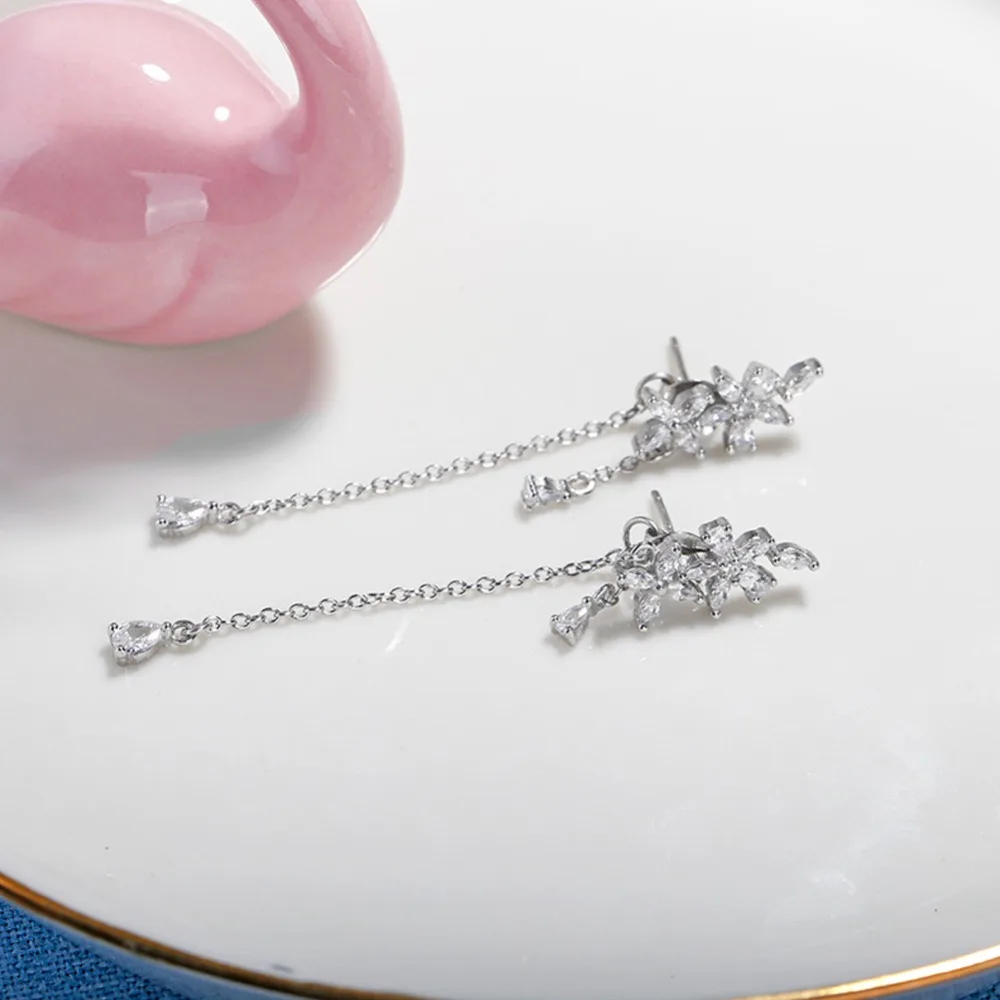 925 серебряные ушной иглы Хрустальный цветок кисточкой элегантные висячие серьги