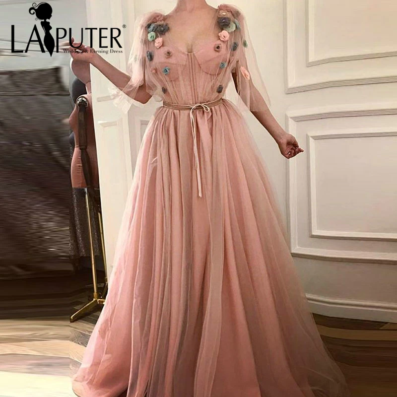 LAIPUTER 2018 Vestido Longo De Festa A-line Colorful Flowers V-neck Cap Sleeves Belt Occasion Dresses for Women | Свадьбы и