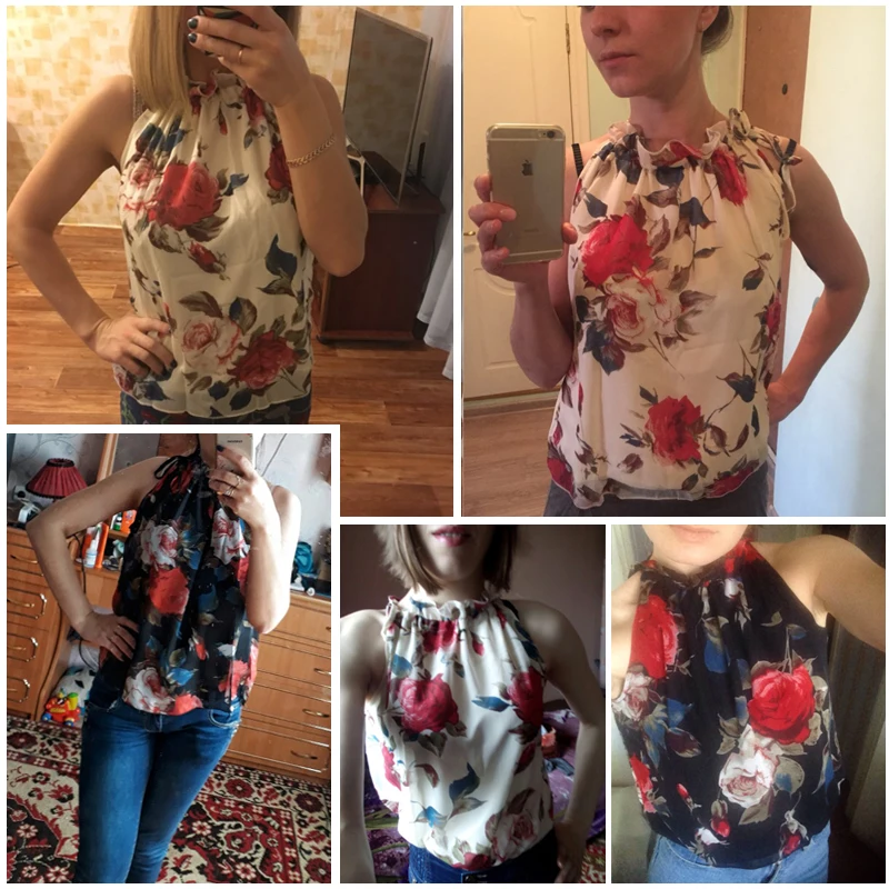 Блузка женская летняя без рукавов с цветочным принтом и воротником хомутом| |