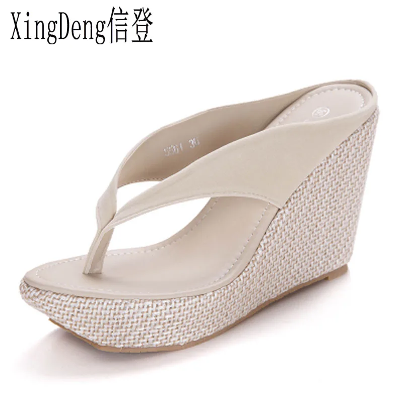 XingDeng/женские босоножки из флока; большие размеры 33-41; Модные женские Вьетнамки; женская обувь на танкетке