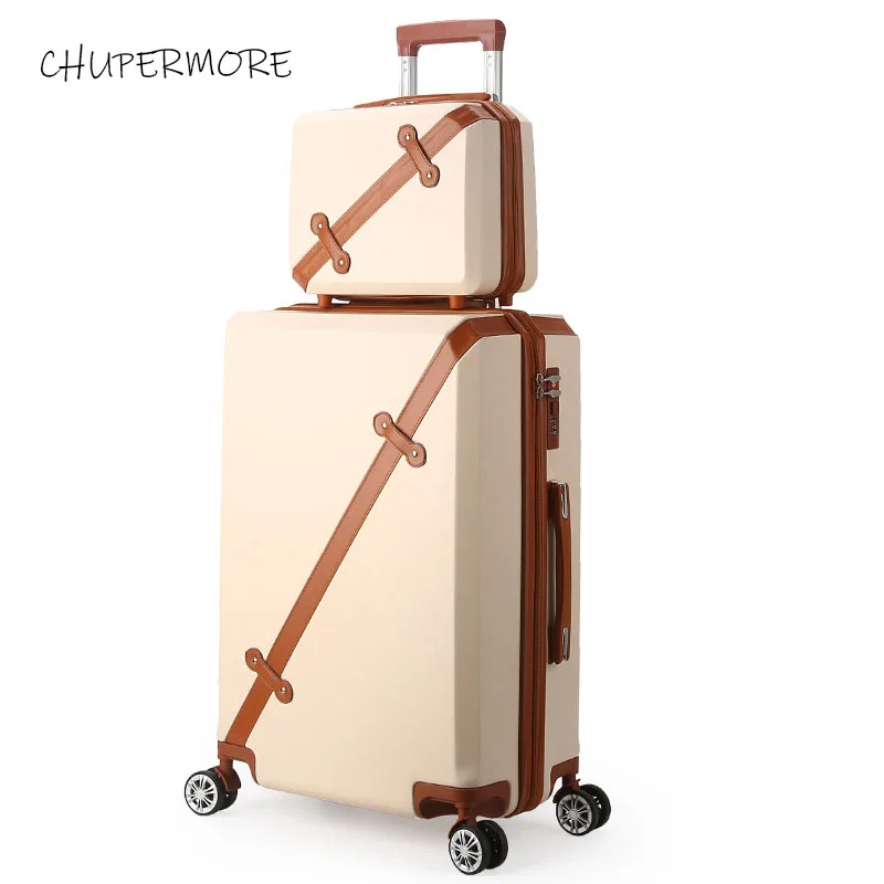 beige a set Chupermore модные ретро сумки на колёсиках наборы Спиннер милый чемодан колеса 20 дюймов женские сумки для путешествий пароль тележка - Color: beige a set