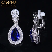 cwwzircons fashion women white gold color dangle drop cz royal blue crystal paved no pierced ear clip on earrings jewelry cz164