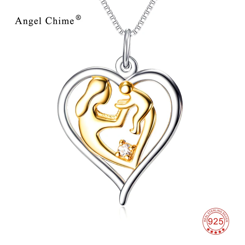 

925 Sterling Silver Mother's Love Jewelry Gold Color Mom Hold Baby Family Heart Pendants Necklaces Mother's Day Gifts