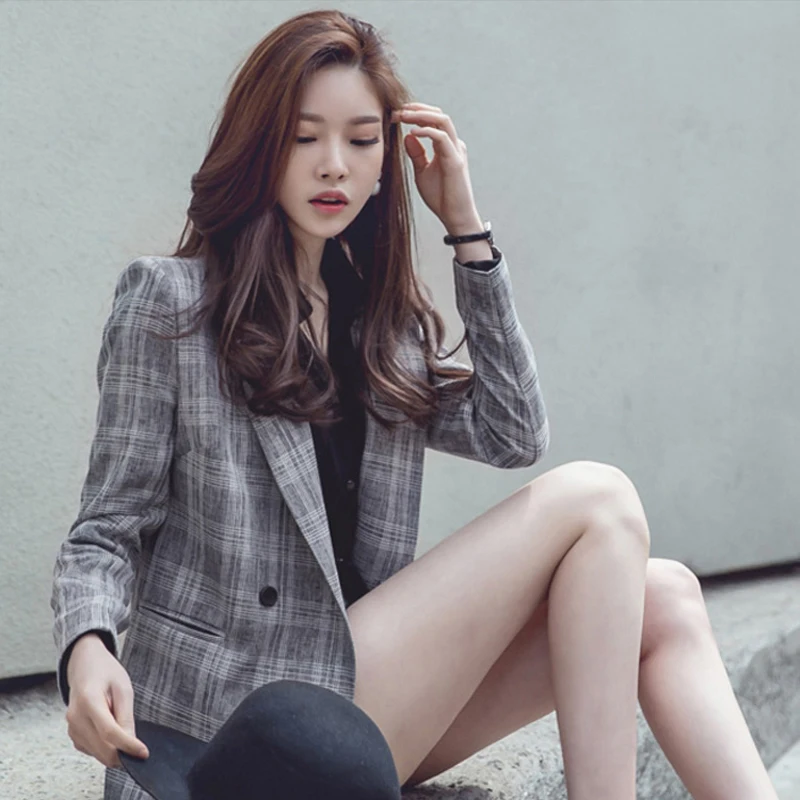 Женский офисный костюм из двух предметов элегантный клетчатый жакет с отложным