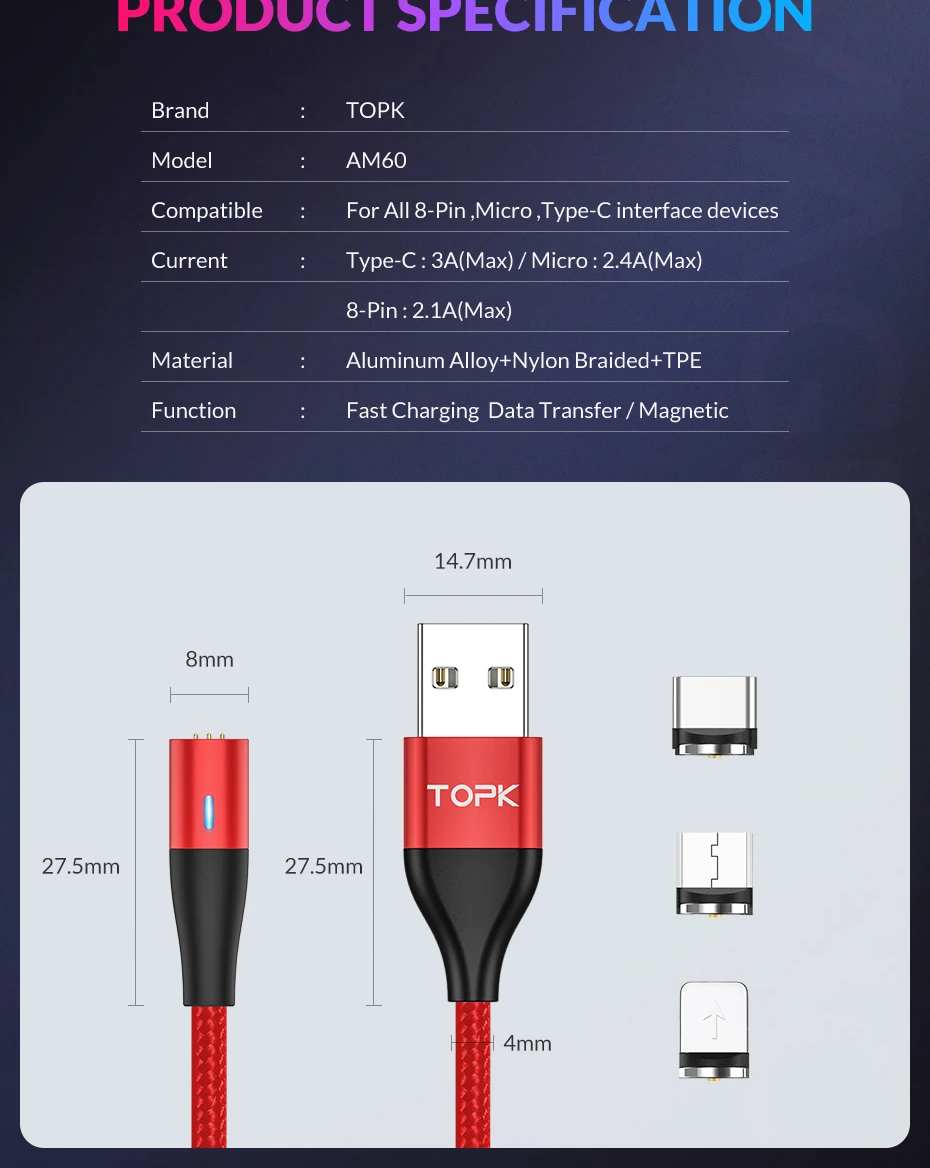 Магнитный usb-кабель TOPK type C для быстрой зарядки данных 8-контактный кабель для iPhone магнитное зарядное устройство Micro usb 5pin кабель для samsung note8