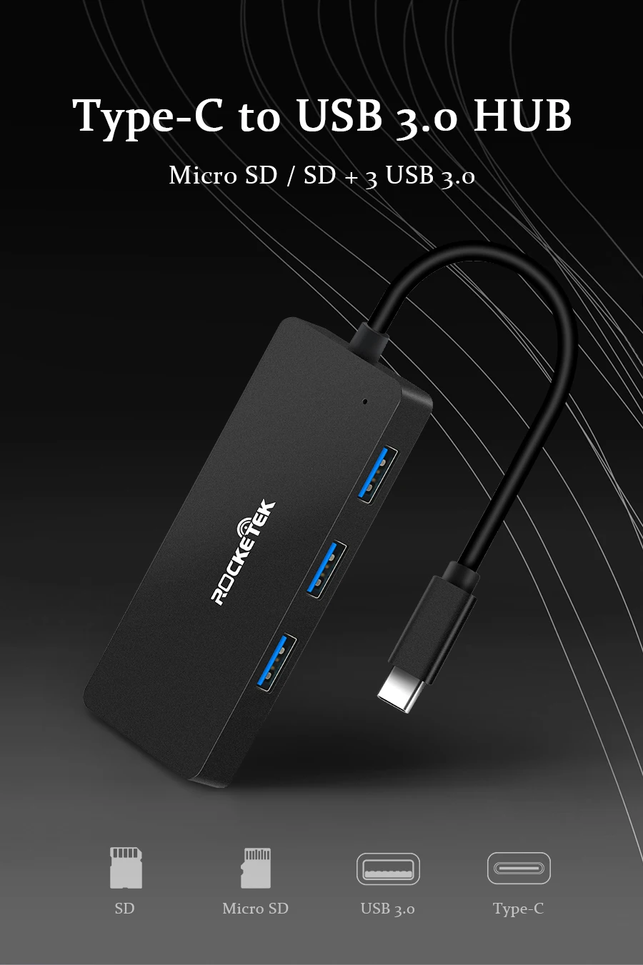 Rocketek алюминиевый сплав usb-хаб с кардридером 3 порта USB 3,0 type c разветвитель Micro USB порт питания для ноутбука iMac