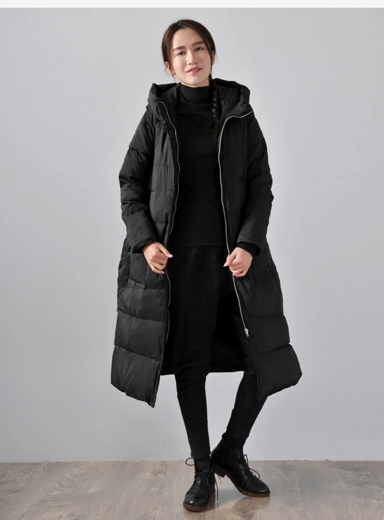

Black Women Winter Long Down Jacket Hooded Duck Down jacket Winter Down Coat Loose Style Thick Winter Jacket