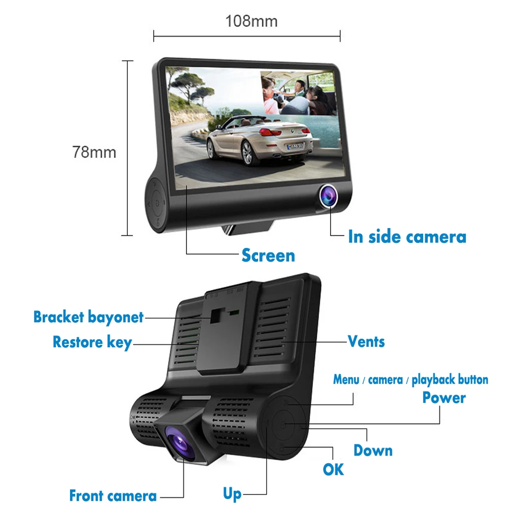CRUZ Car DVR 3 камеры объектив 4 0 дюйма Dash камера двойной с камерой заднего вида