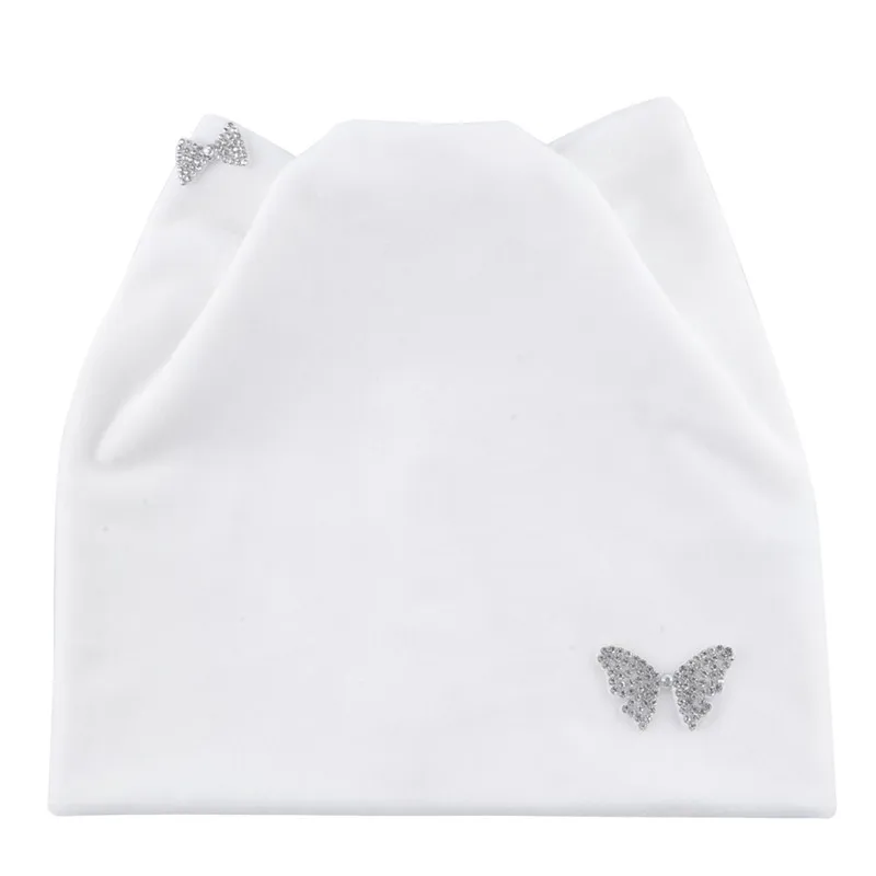 Bow Butterfly White Осень-зима Для женщин шапки бини шапки шапочка ручной работы женские теплого бархата Skullies, Кепки с мигающими Стразы ушами для девочек милые Touca - Цвет: Bow Butterfly White