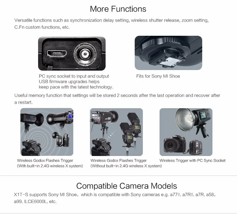 

Godox X1T TTL 2.4G HSS 1/8000s Wireless Studio Flash Trigger Transmitter for Sony Olympus Canon Nikon Panasonic Fuji DSLR Camera