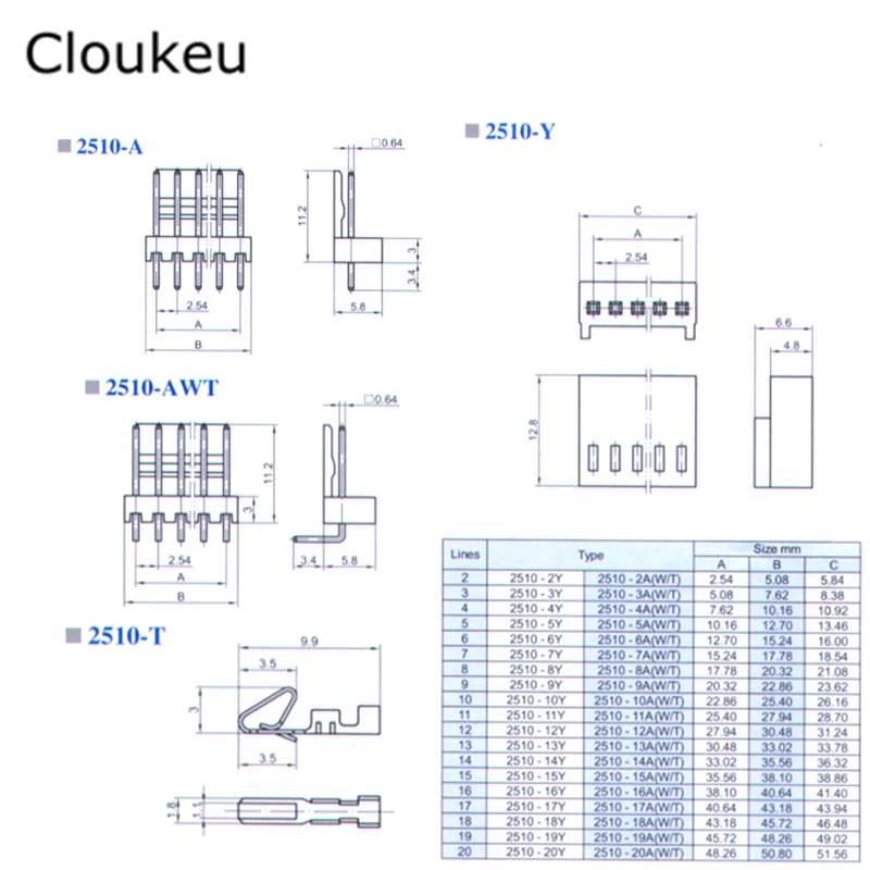 

20Sets KF2510 8P Bending pin Connecting terminal KF 2.54mm 8Pin Connector Plug+Socket+Metal reed