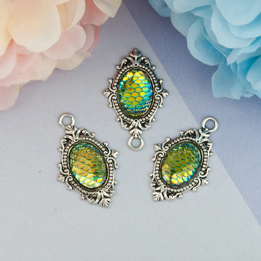 Подвески DoreenBeads из сплава цинка и Русалка смолы рыбья чешуя Овальные