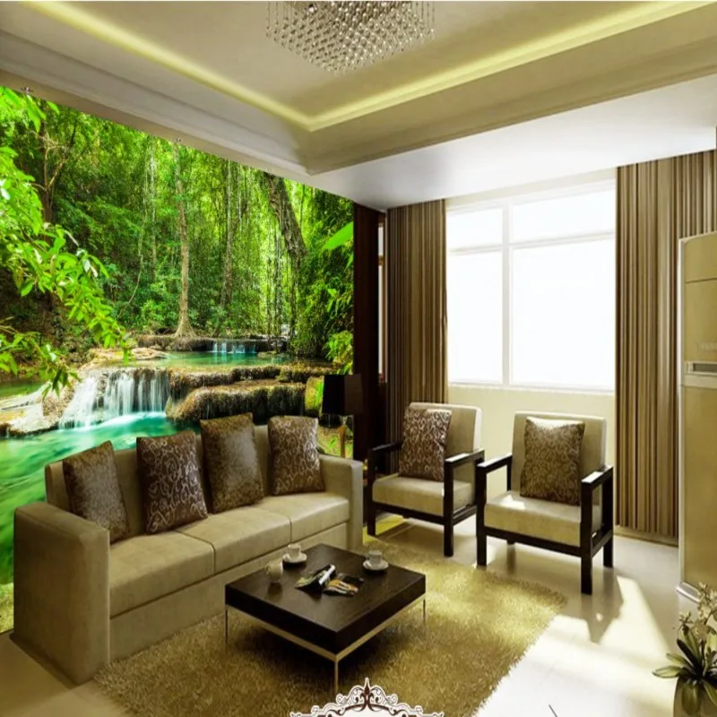 Прямая поставка зеленые обои синие водные пейзаж стена лес 3d фото настенная