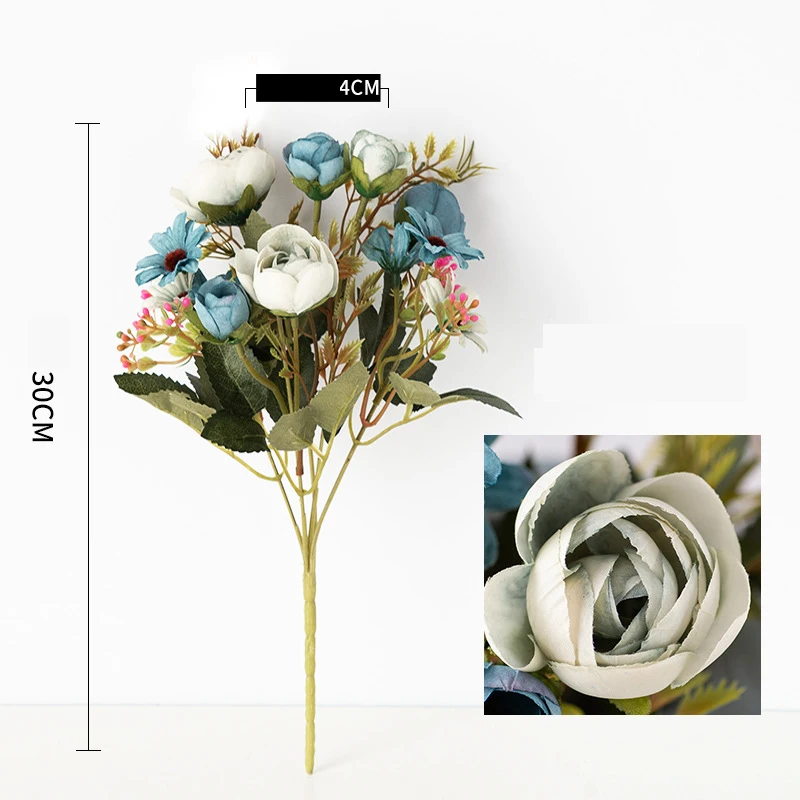 Fake Tea Rose Silk Flower Fall Gerbera Daisy Artificial Plastic Flower Pearl Bouquet For Wedding DIY Party Home Room Decoration