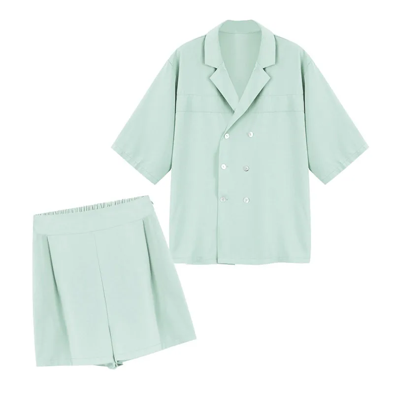 

PERHAPS U Women Two Pieces Set Shirt Short Notch Collar Mint Yellow Summer T0170