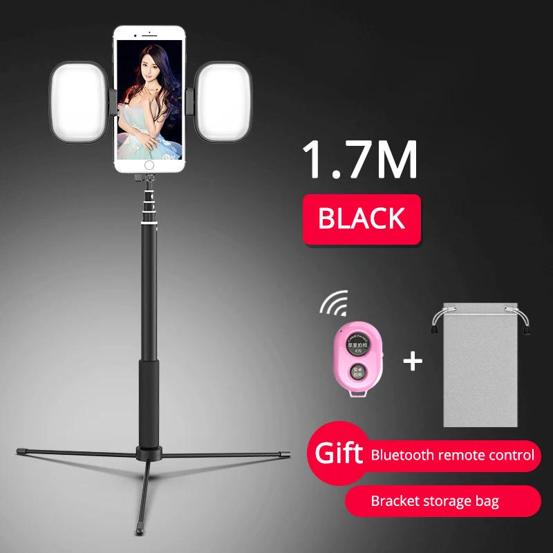 black TRAVOR 1,7 м Bluetooth селфи палка штатив съемный с двойной заполняющий светильник для мобильного телефона фото Vibrato live видео на YouTube - Цвет: black